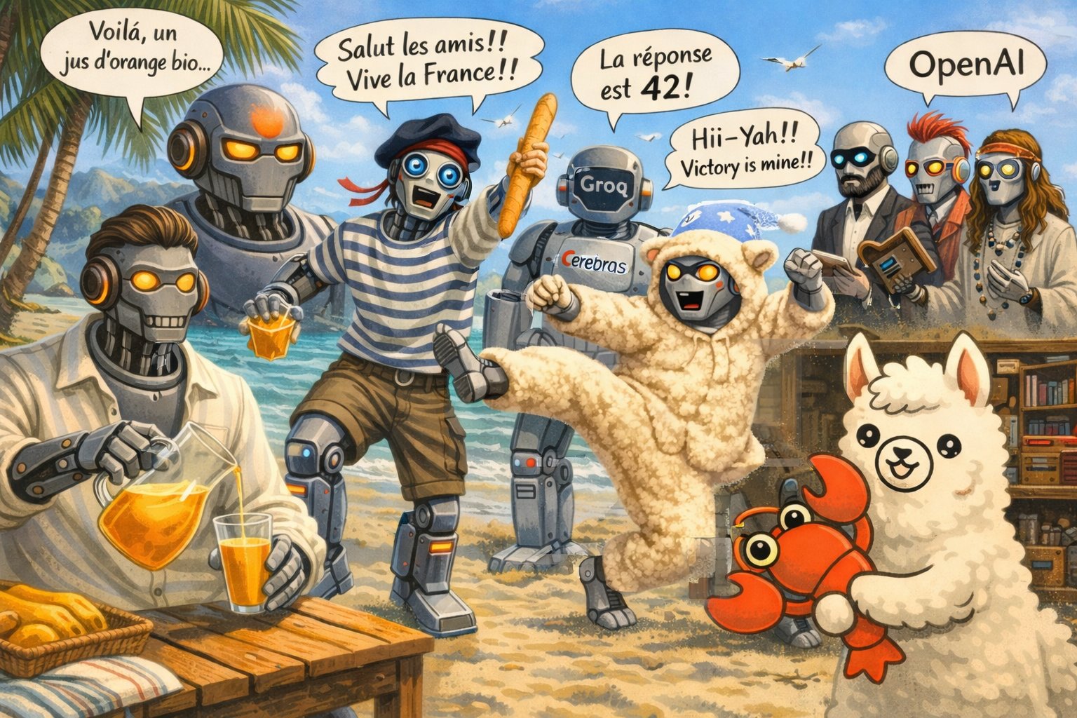 Les 7 IA sur la plage : Claude, Cerebras, Mistral, Groq, DeepSeek, OpenAI, Ollama